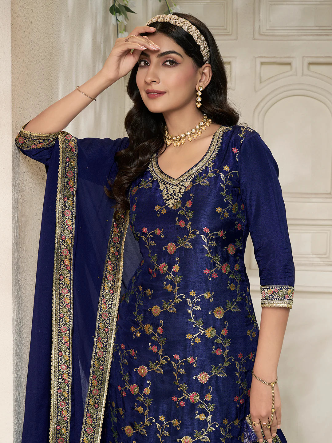 Neelima Silk Print Straight Palazzo Suit - Roop Darshan