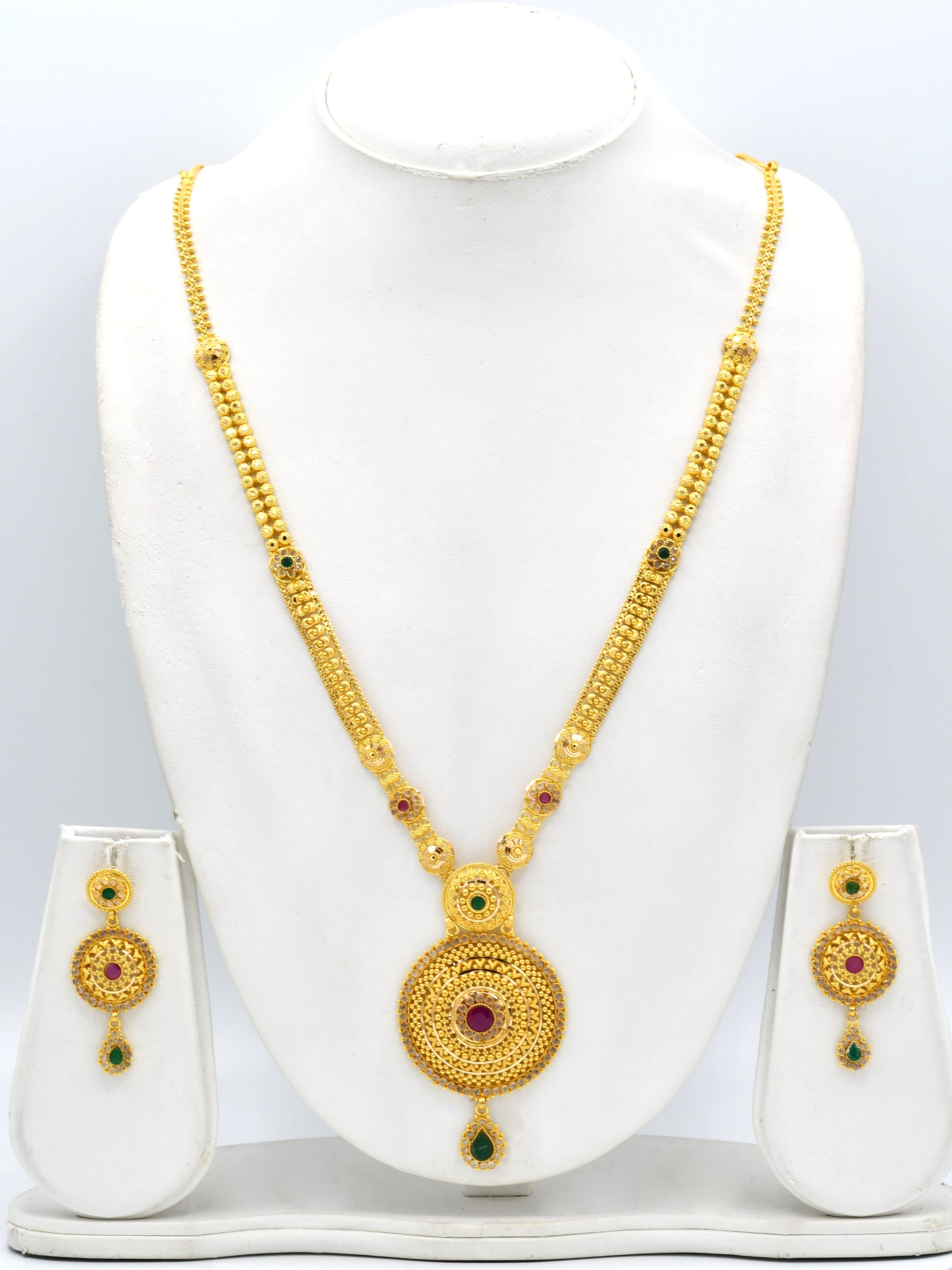 22ct Gold Multi CZ Long Necklace Set - Roop Darshan