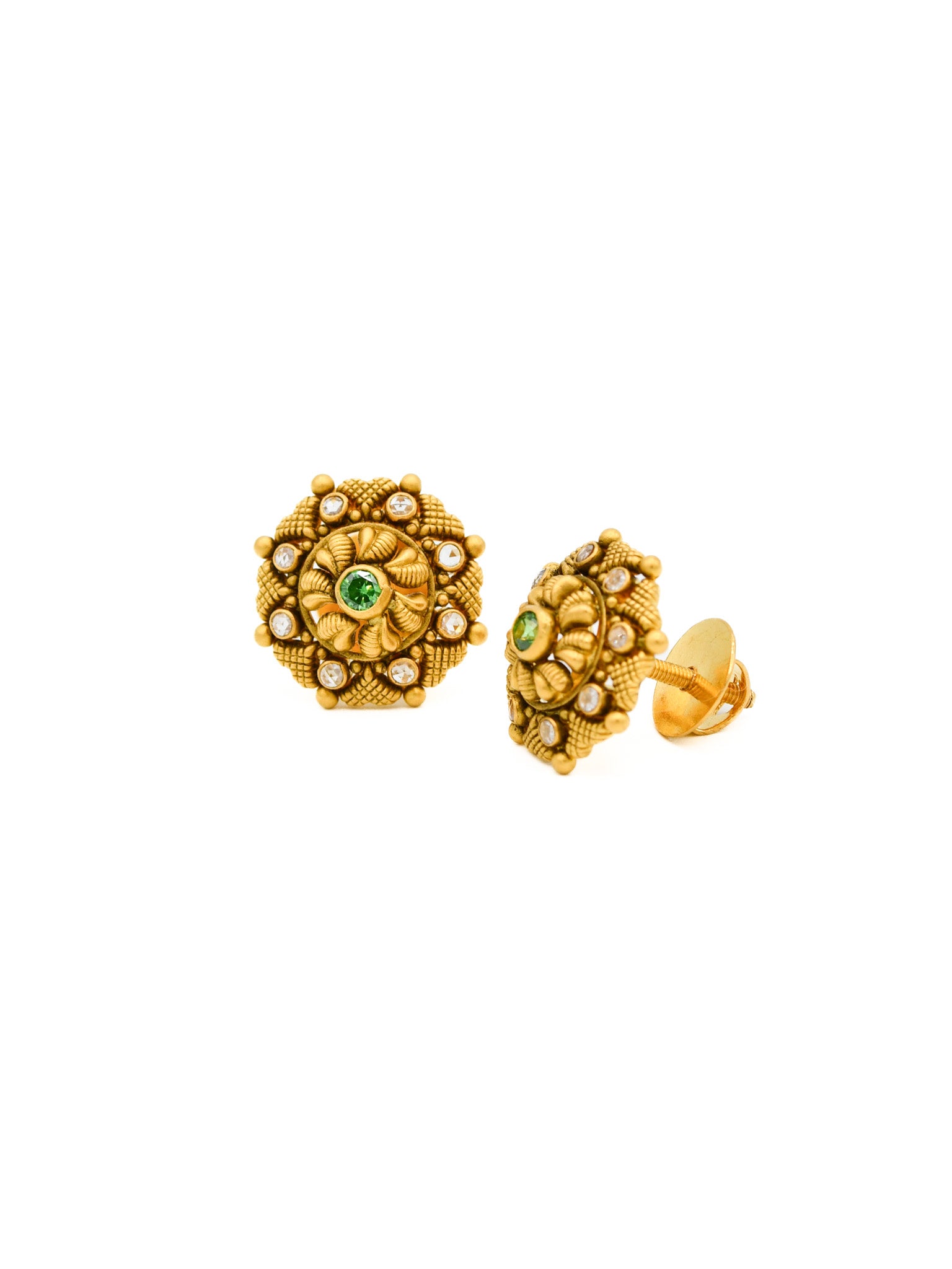 22ct Gold Green CZ Antique Stud Earrings - Roop Darshan