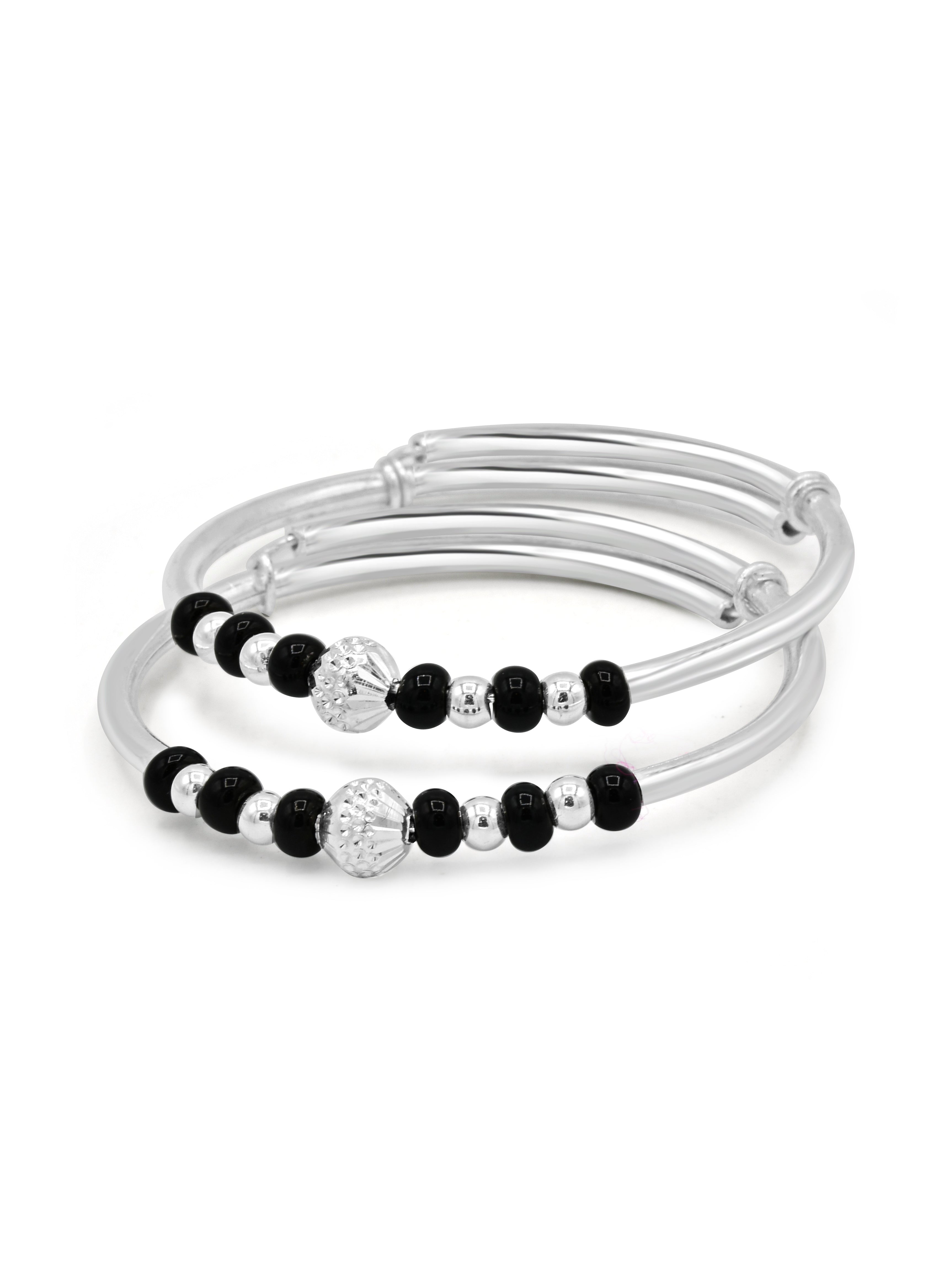 Silver Black Beads Pair Adjustable Baby Bangle - Roop Darshan