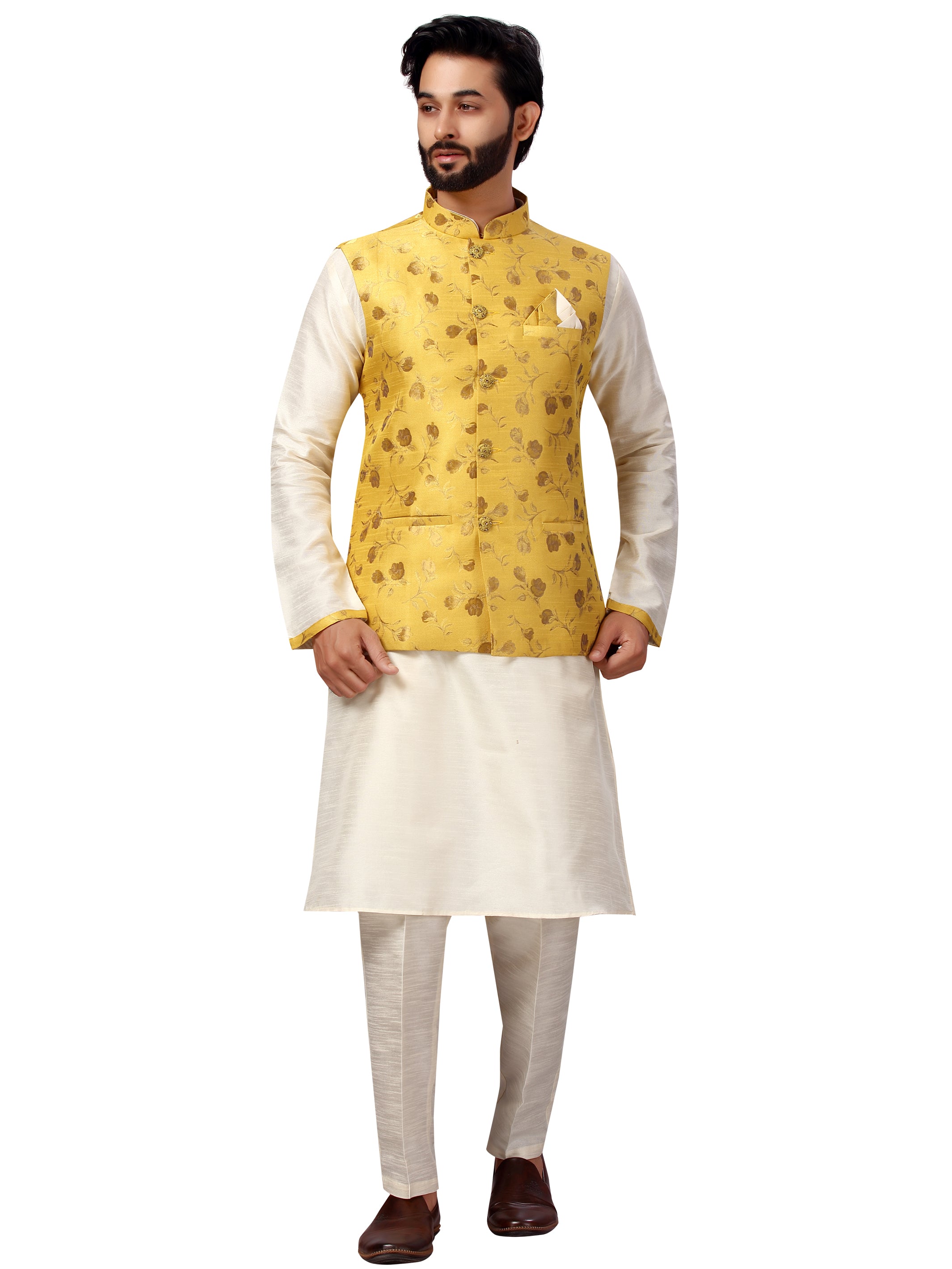 Silk Kurta Payjama With Brocade Jacket - Roop Darshan