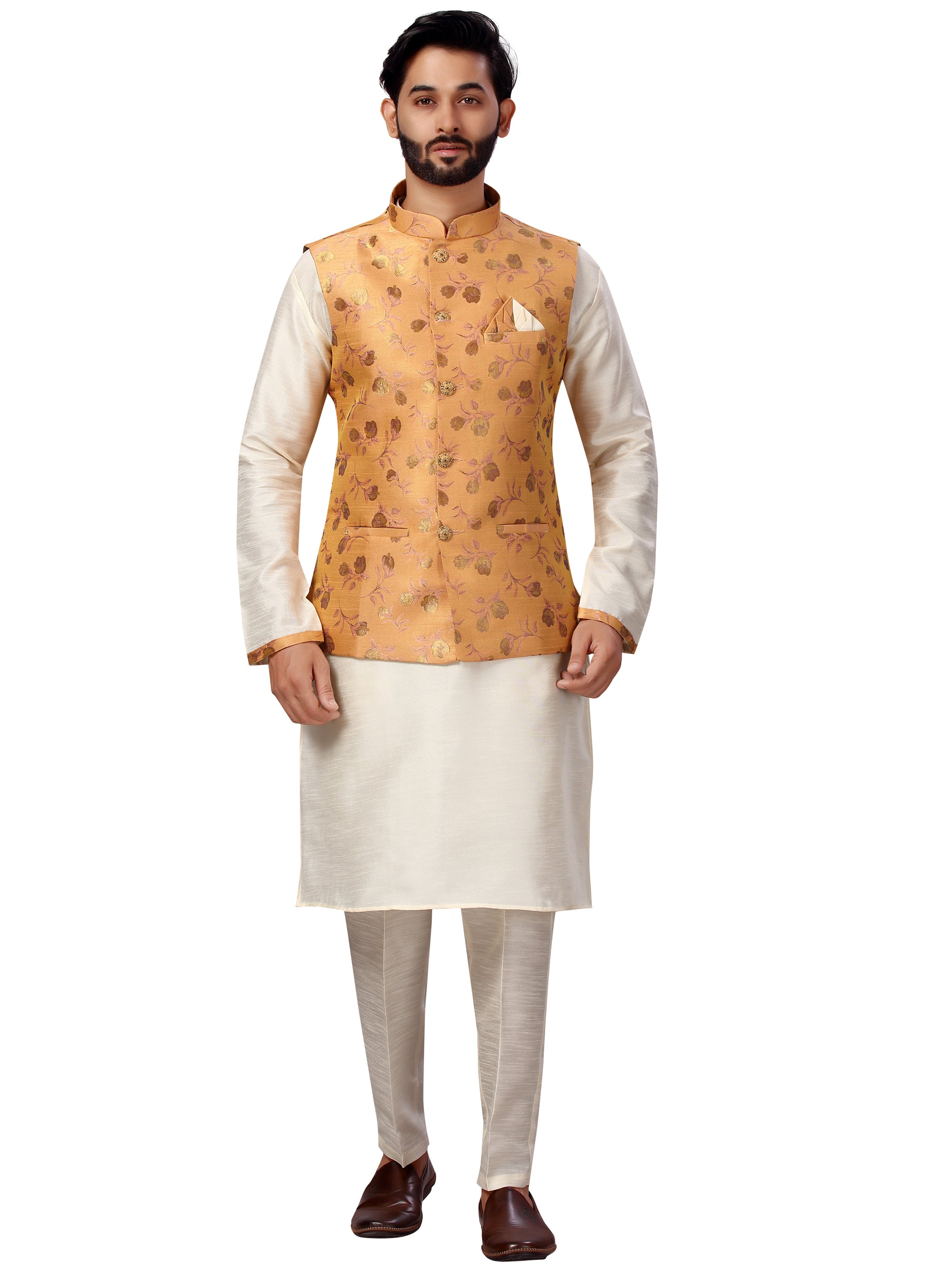 Silk Kurta Payjama With Brocade Jacket - Roop Darshan