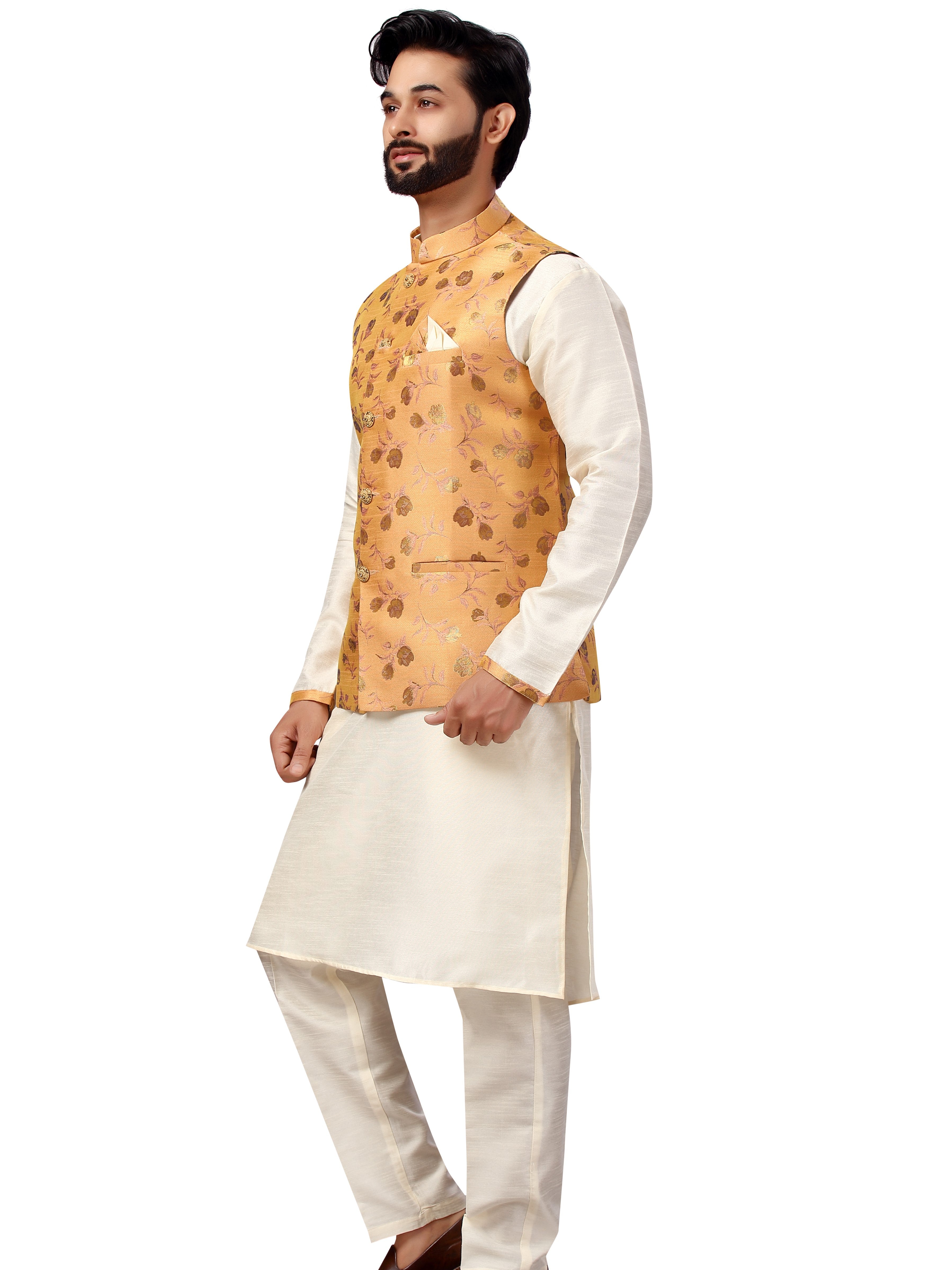 Silk Kurta Payjama With Brocade Jacket - Roop Darshan