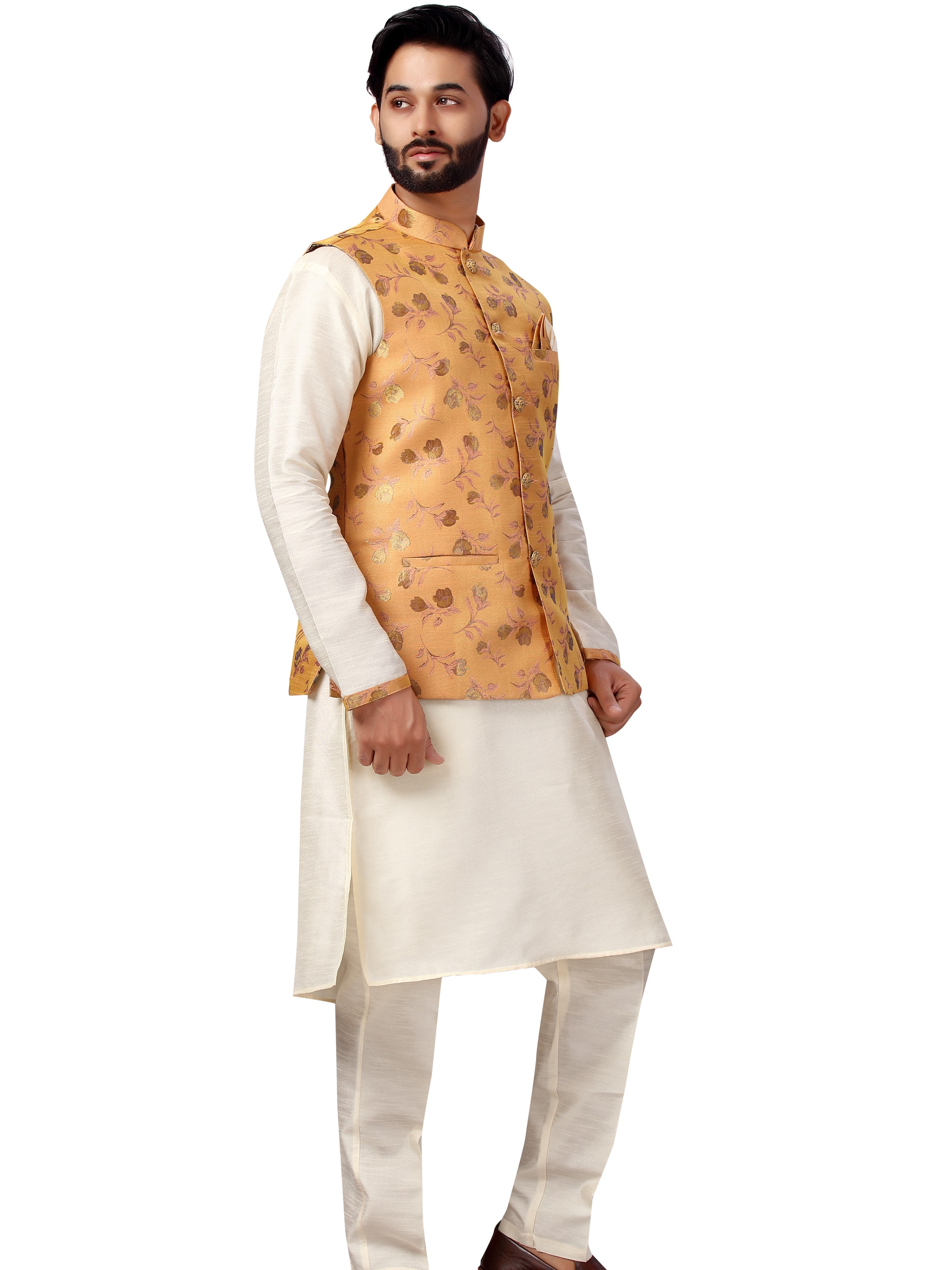 Silk Kurta Payjama With Brocade Jacket - Roop Darshan