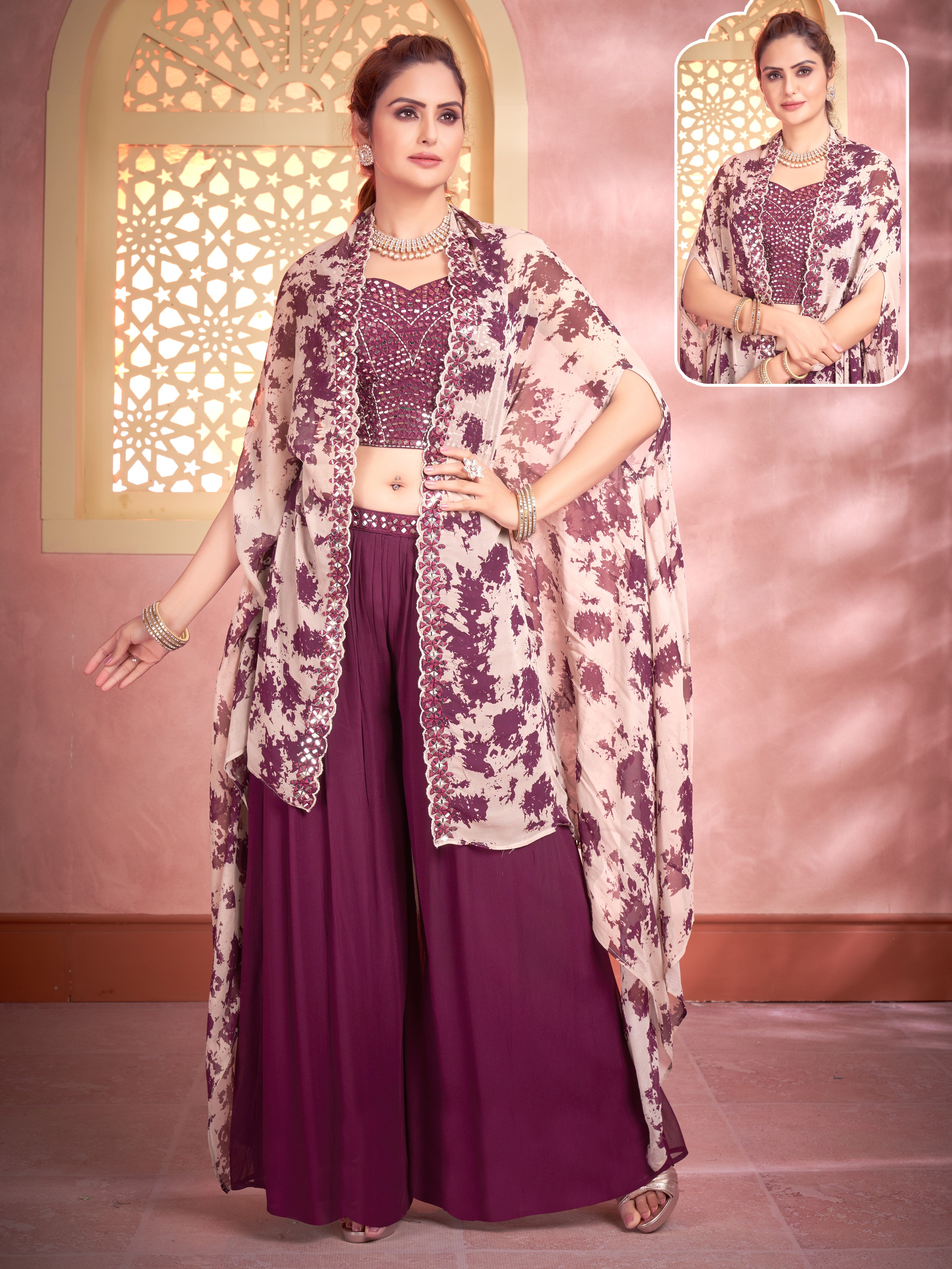 Charu Palazzo Suit With Cape - Roop Darshan