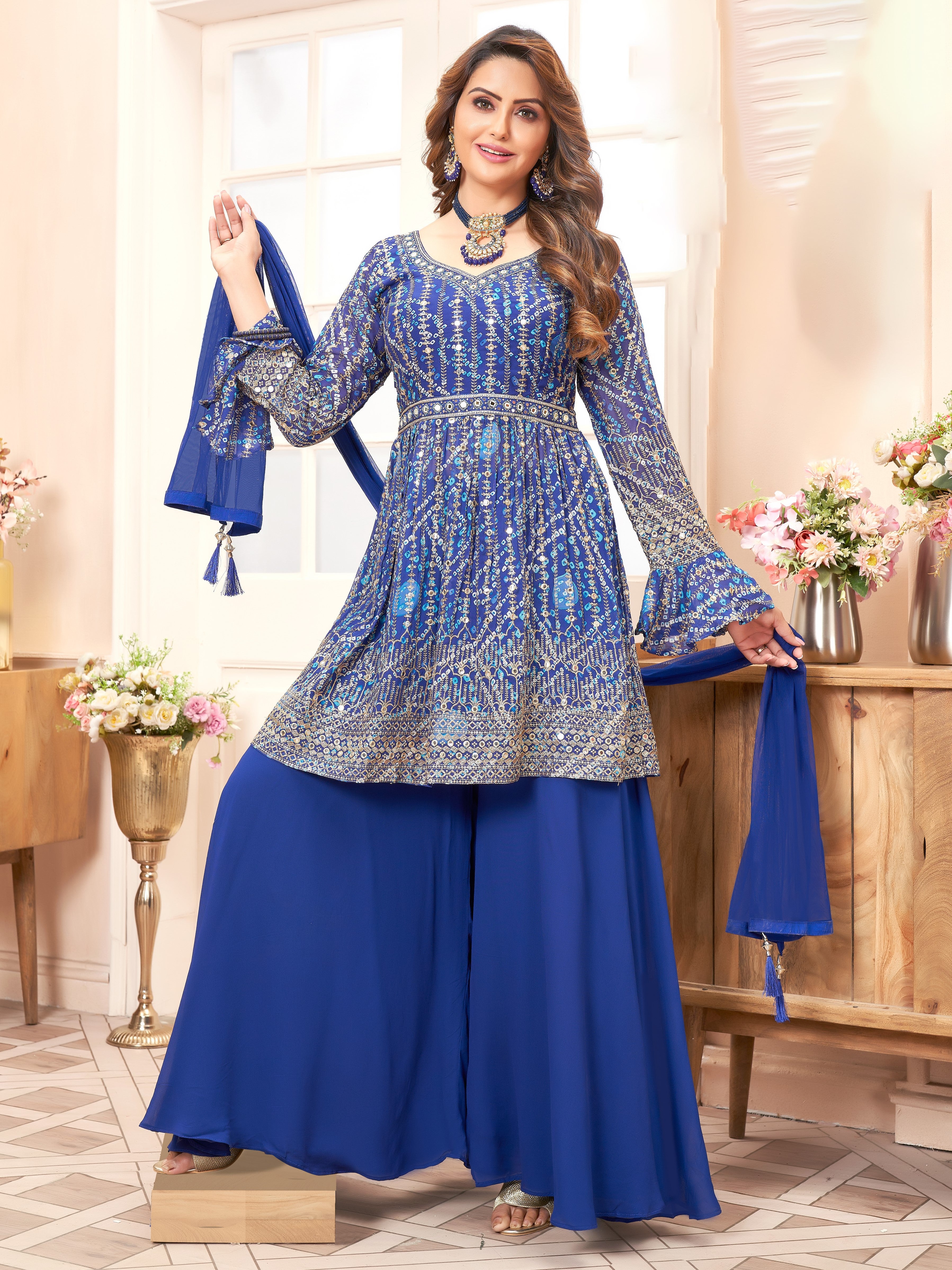 Blue Bandhani Print Cotton Readymade Palazzo Suit 3847SL06