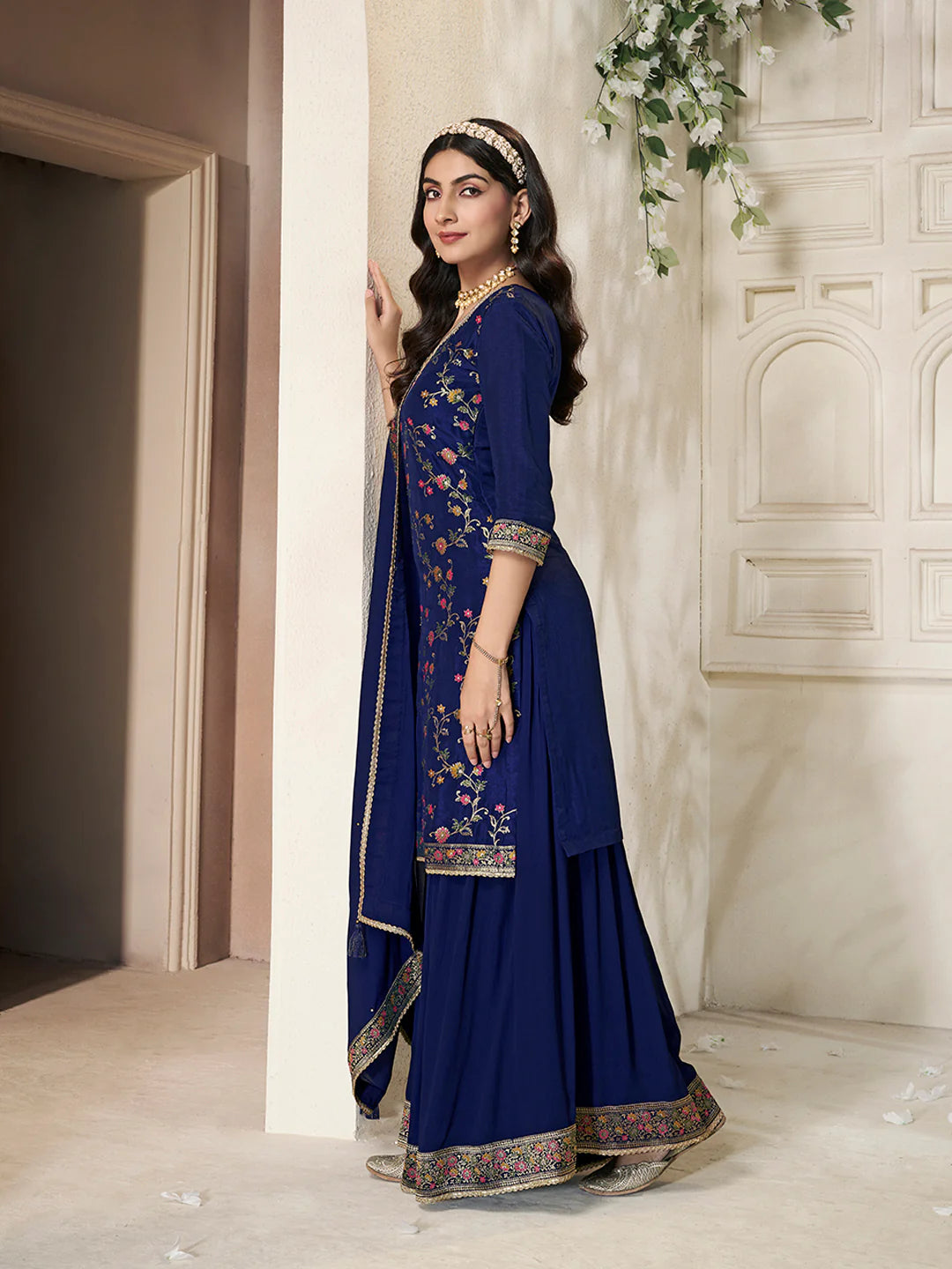 Neelima Silk Print Straight Palazzo Suit - Roop Darshan