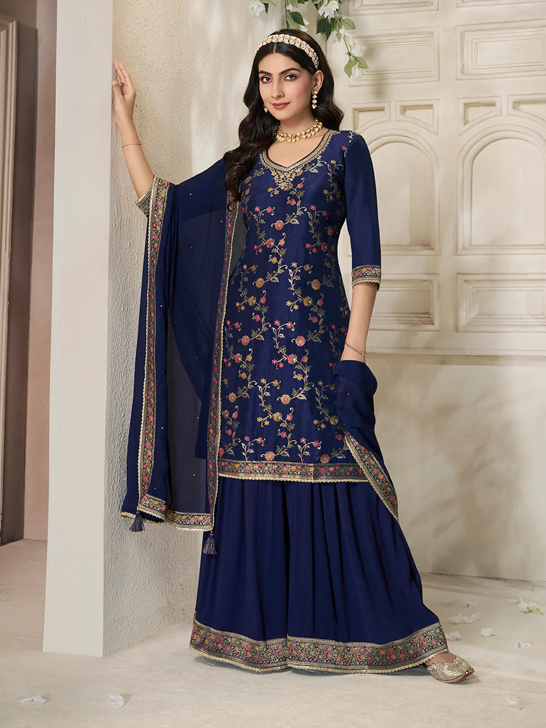 Neelima Silk Print Straight Palazzo Suit - Roop Darshan