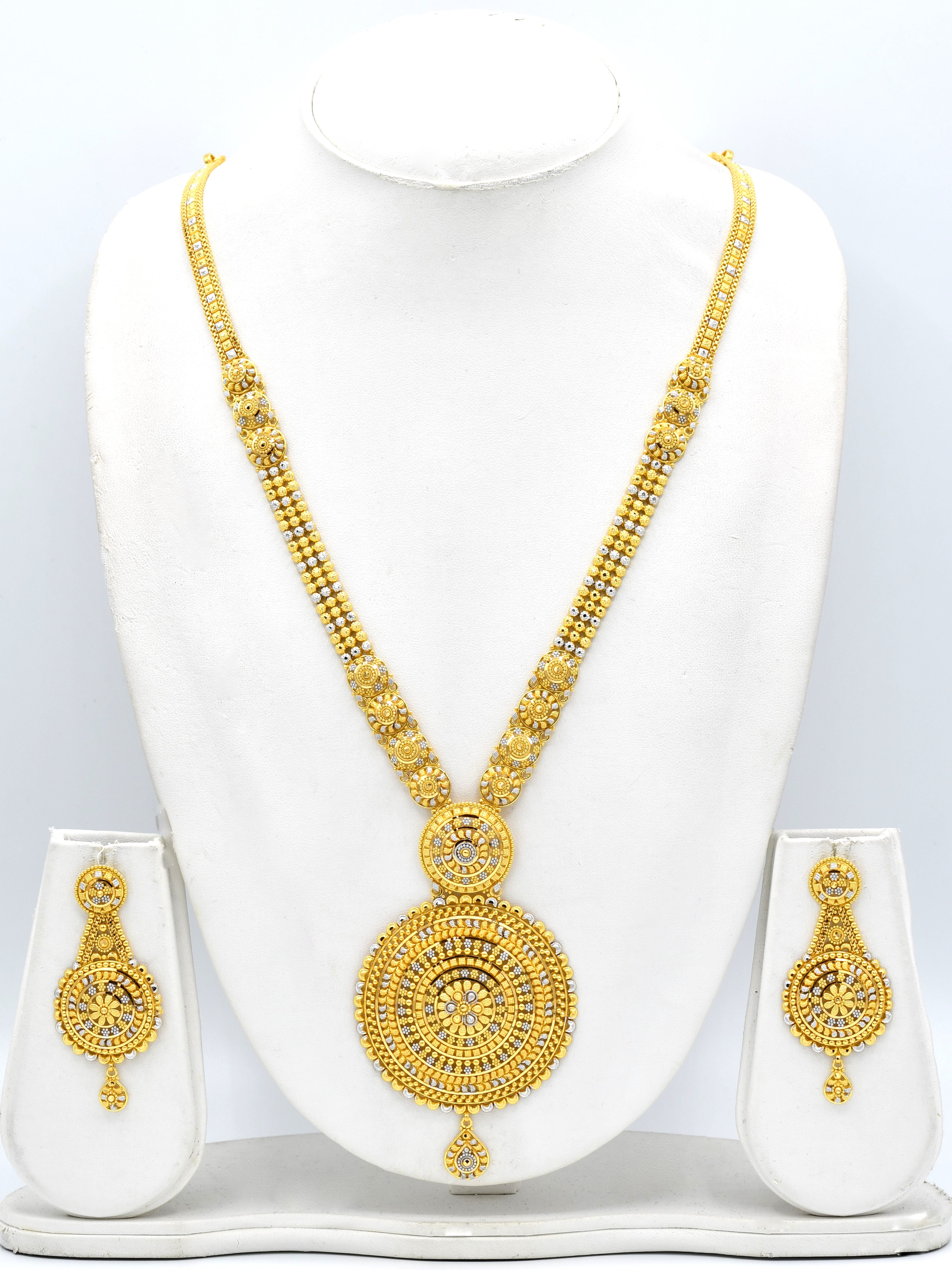 22ct Gold Filigree Two Tone Long Necklace Set - Roop Darshan