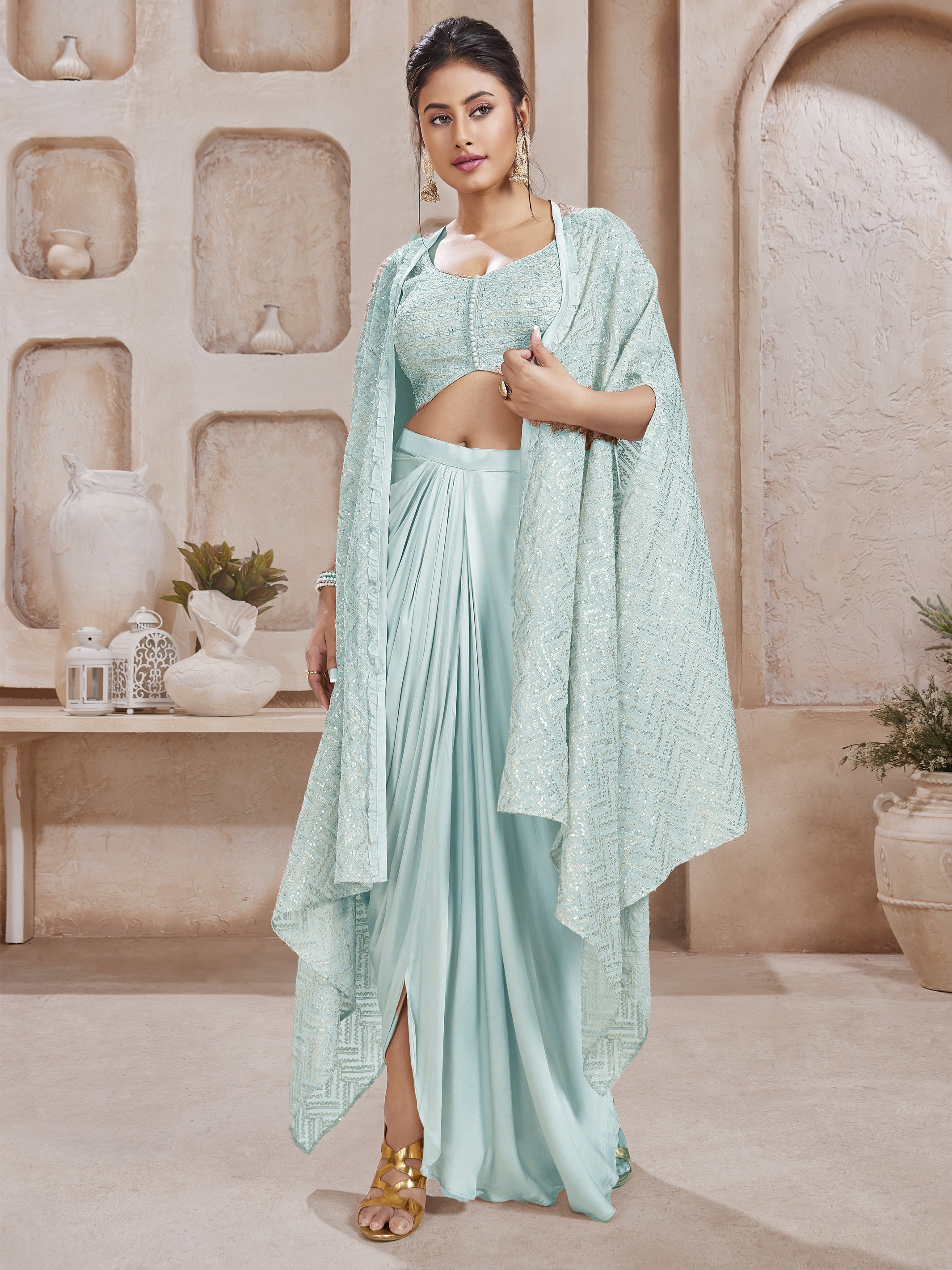 Amisha Crop Top Dhoti Suit With Cape - Roop Darshan