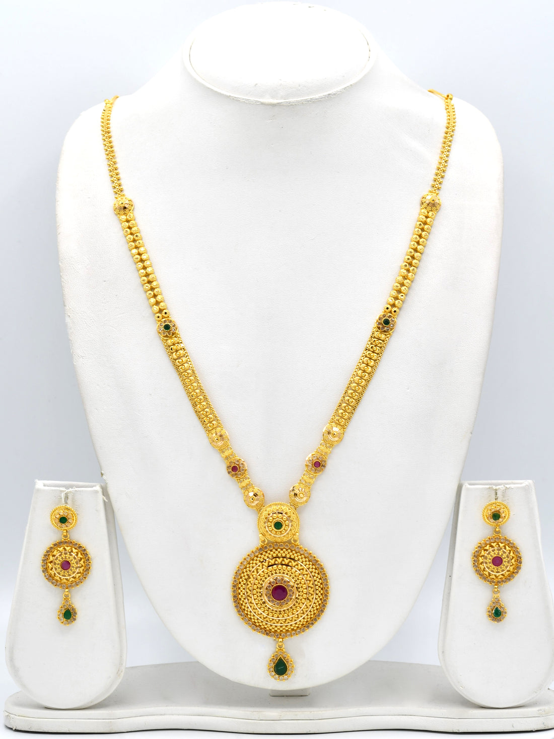 22ct Gold Multi CZ Long Necklace Set - Roop Darshan