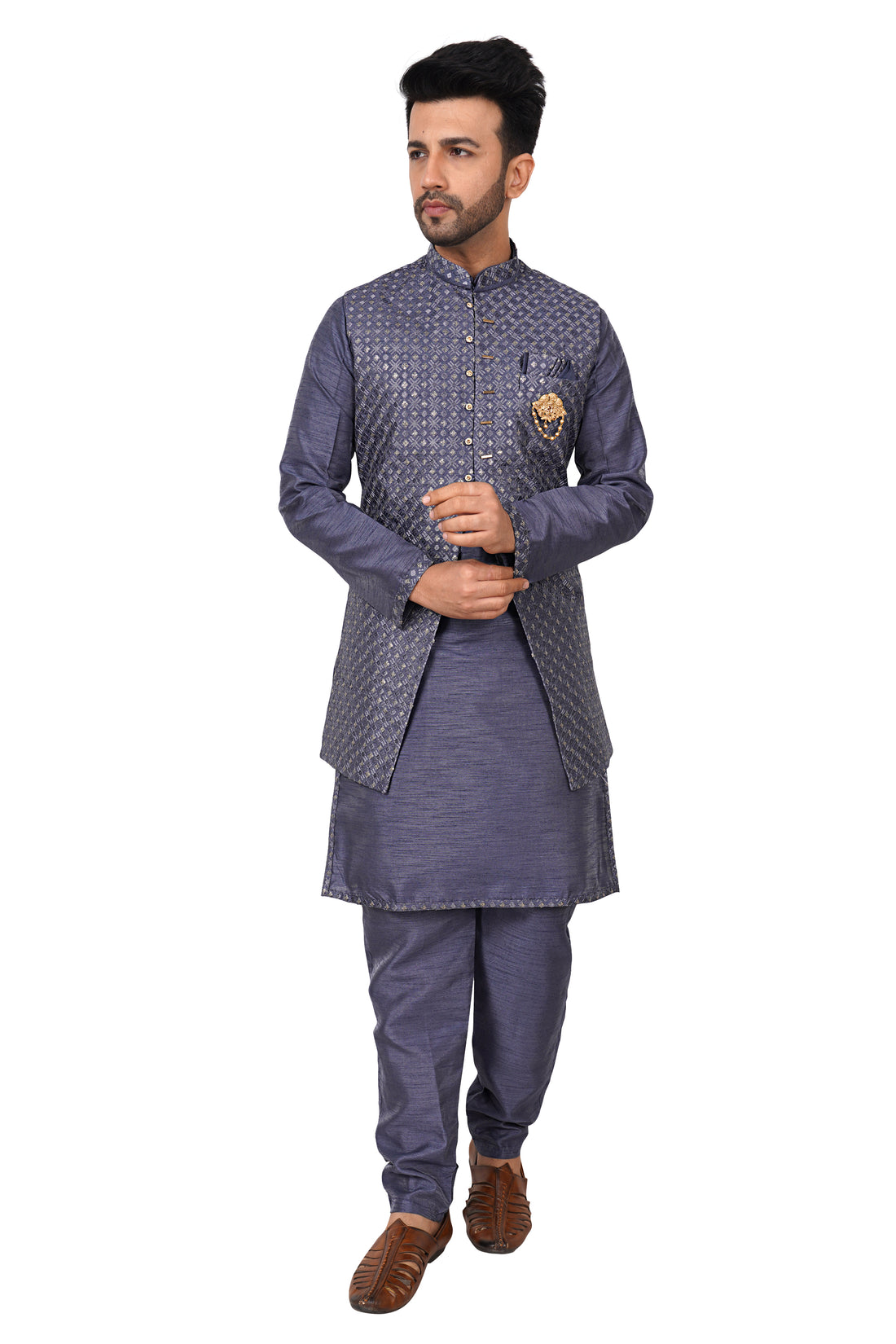 Silk Kurta Payjama With Embroidered Jacket - Roop Darshan
