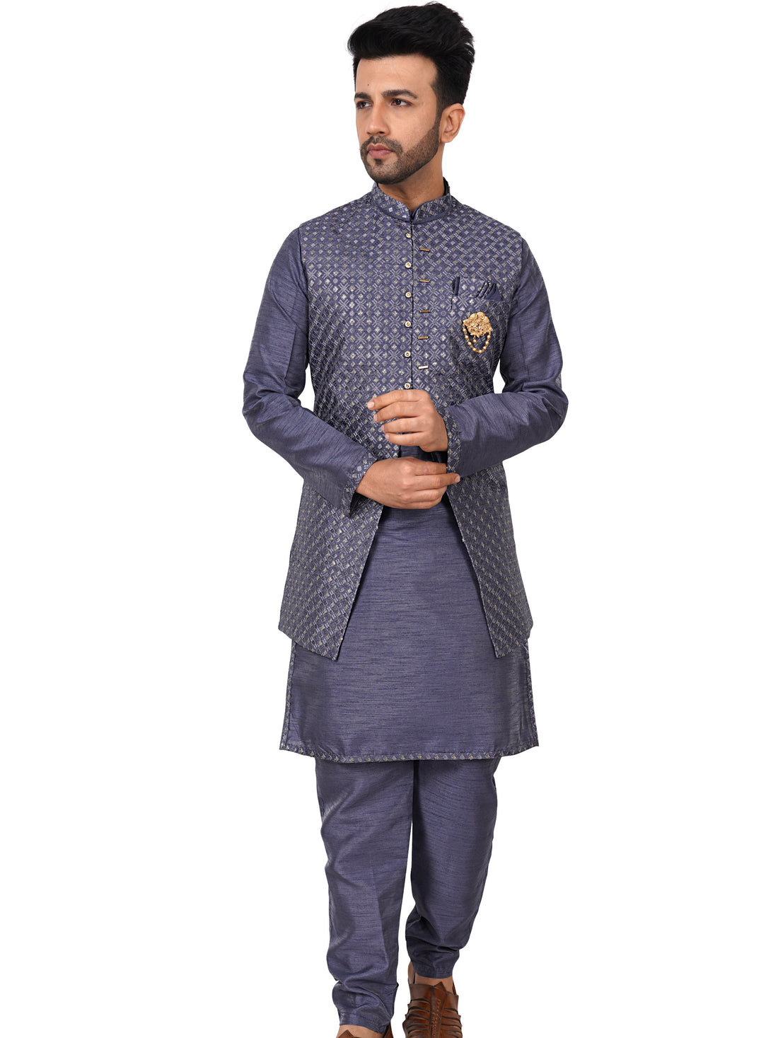 Silk Kurta Payjama With Embroidered Jacket - Roop Darshan