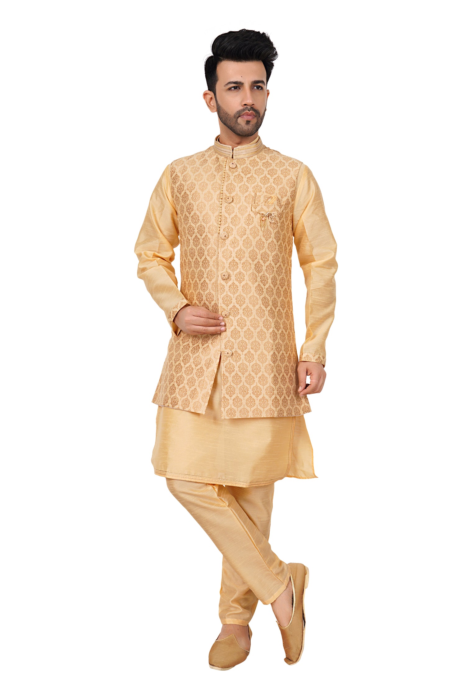 Silk Kurta Payjama With Brocade Jacket - Roop Darshan