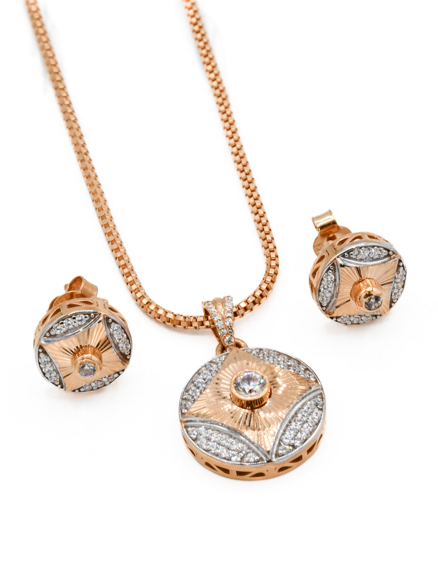 18ct Rose Gold Two Tone CZ Pendant Earring Set - Roop Darshan