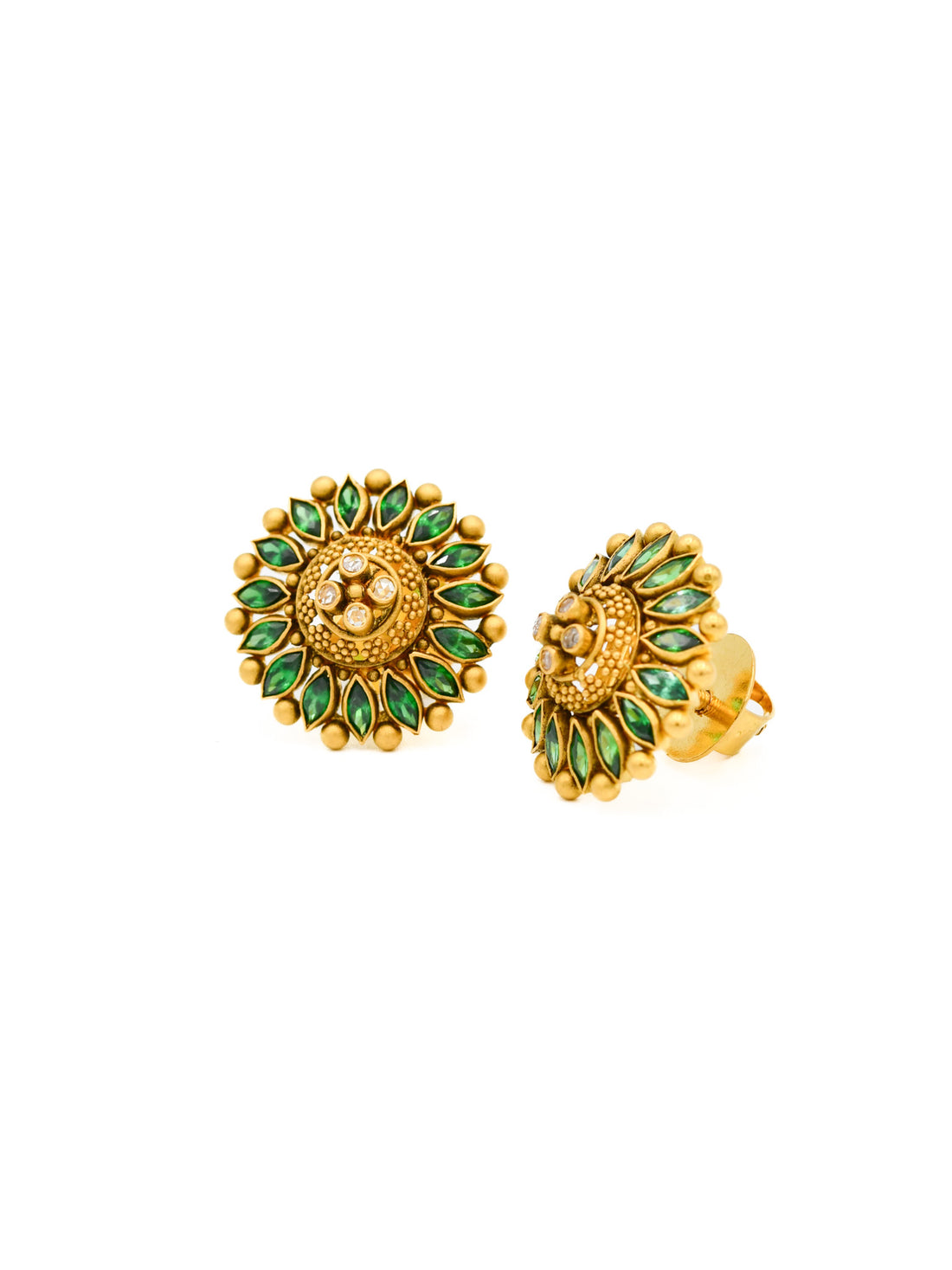 22ct Gold Green CZ Antique Stud Earrings - Roop Darshan