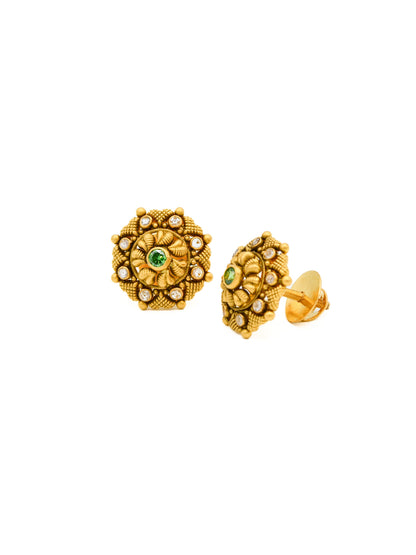 22ct Gold Green CZ Antique Stud Earrings - Roop Darshan