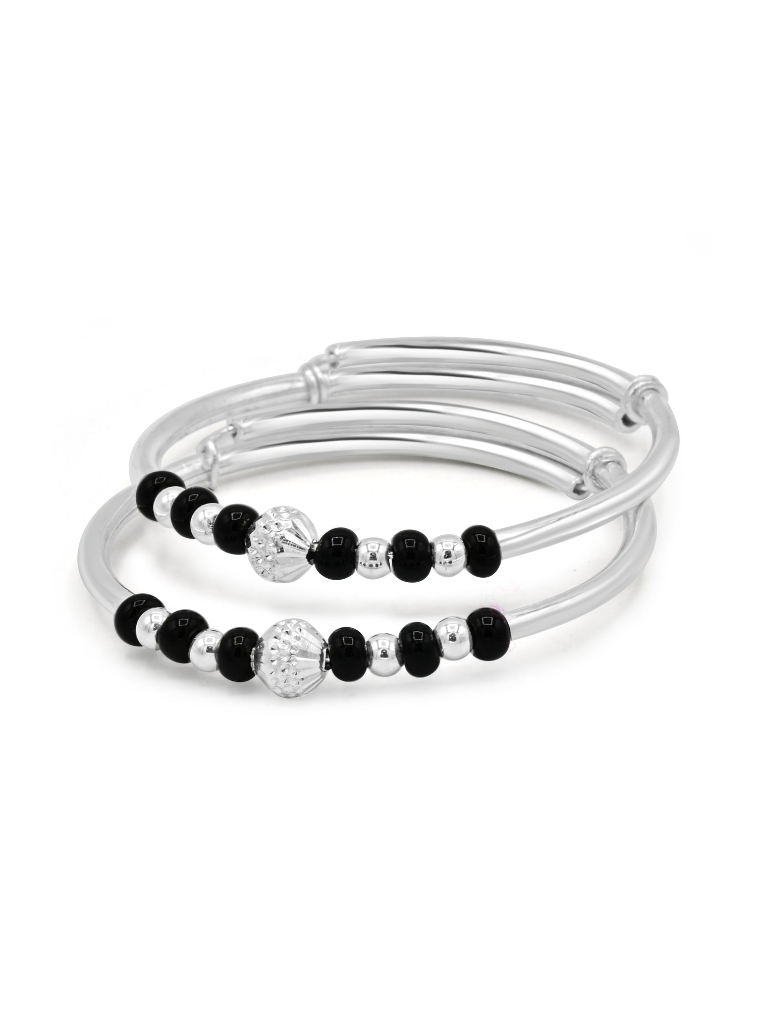 Silver Black Beads Pair Adjustable Baby Bangle - Roop Darshan
