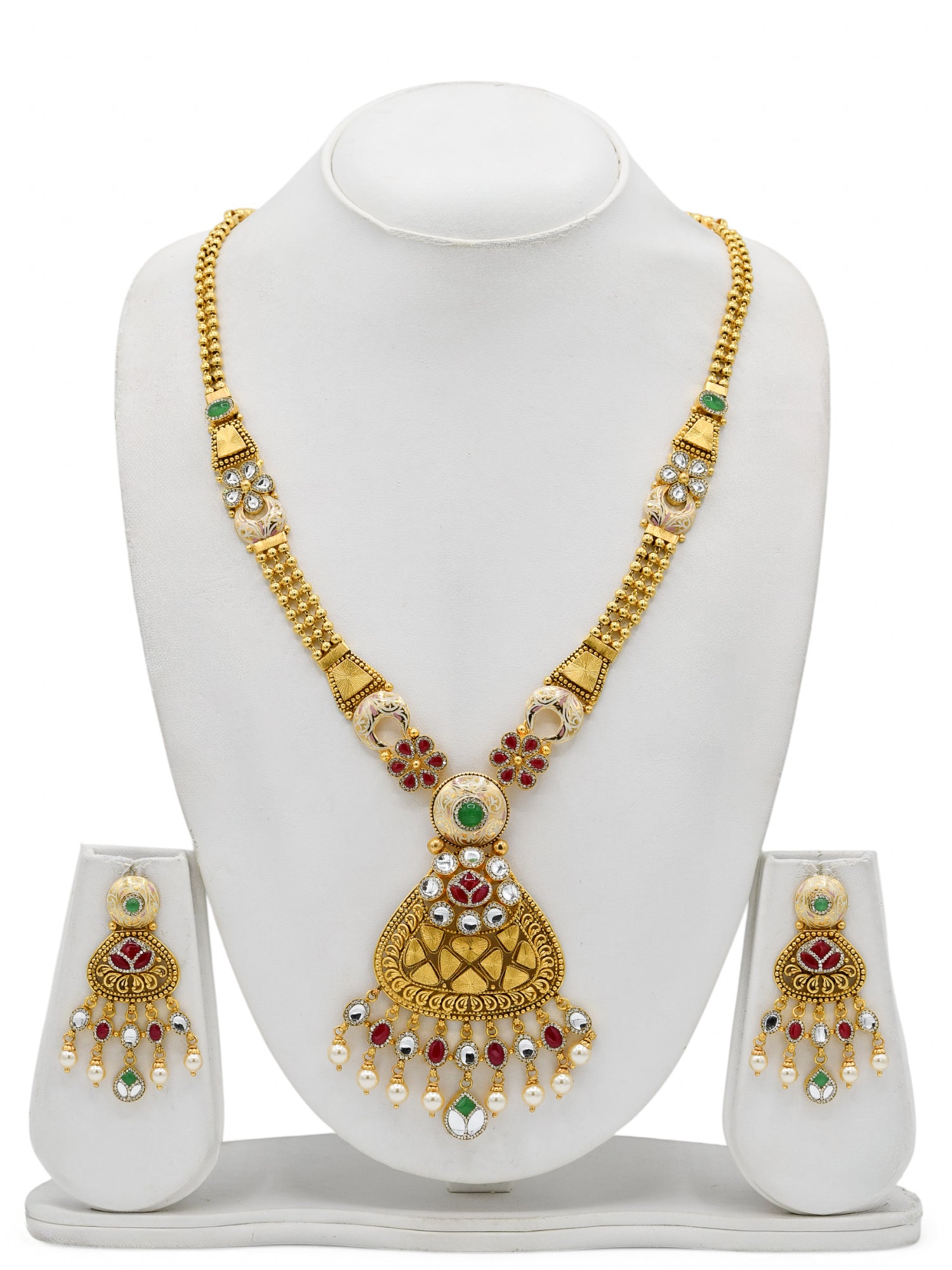 22ct Gold Antique Pearl Kundan Long Necklace Set