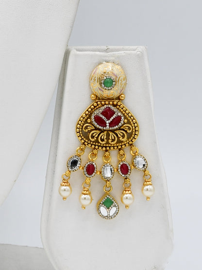 22ct Gold Antique Pearl Kundan Long Necklace Set