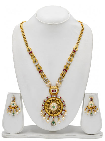 22ct Gold Antique Pearl Kundan Long Necklace Set
