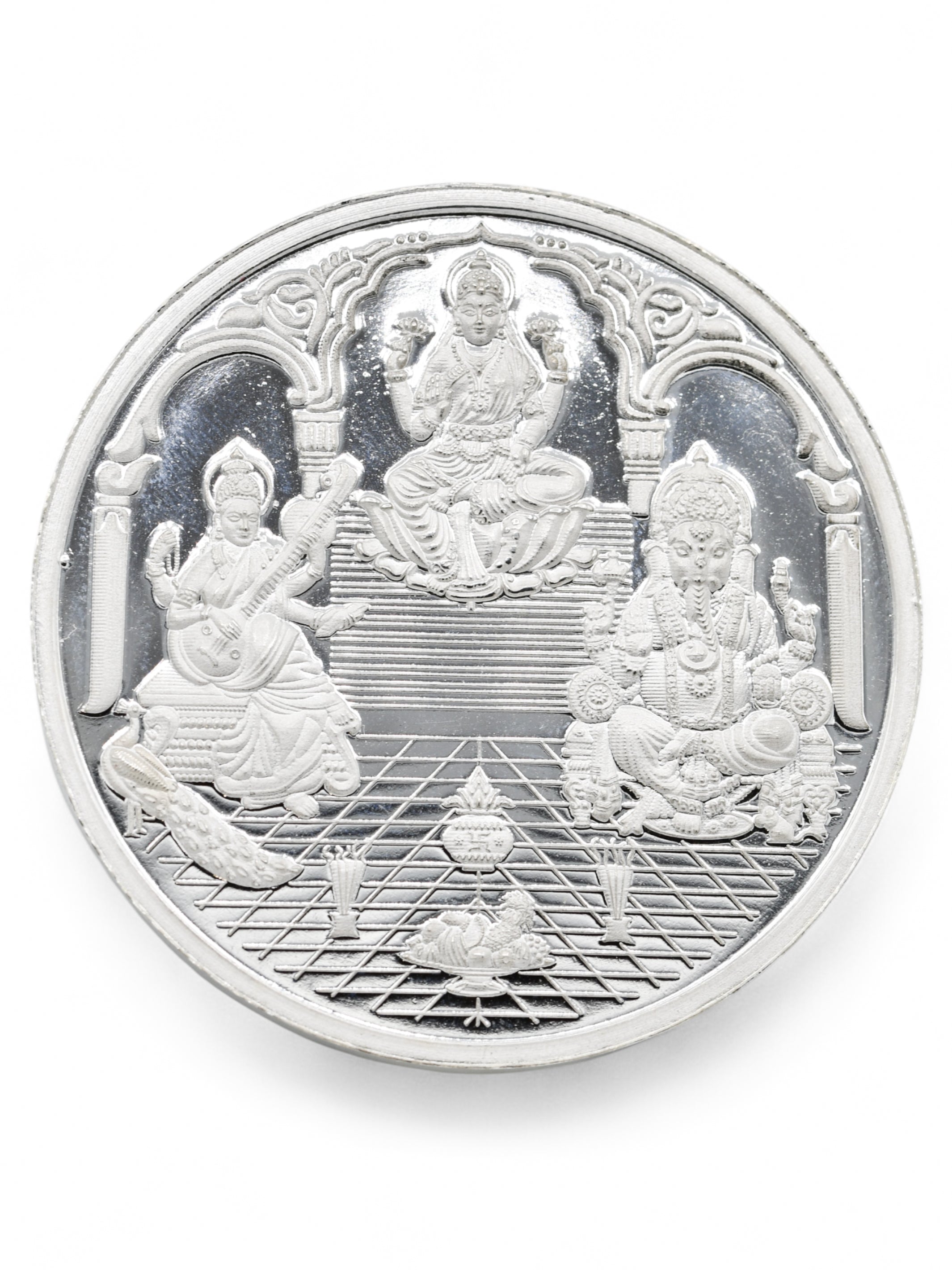 100 Grams Silver Laxmiji, Saraswati &amp; Ganesha Coin