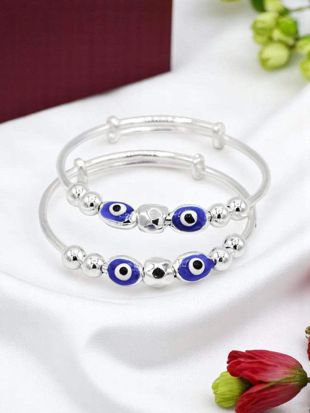 Silver Adjustable Evil Eye Pair Baby Bangle