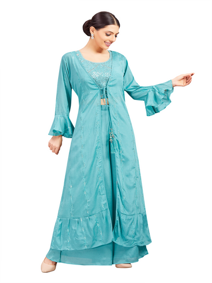 Sidra Crop Top Palazzo Suit With Jacket - Roop Darshan