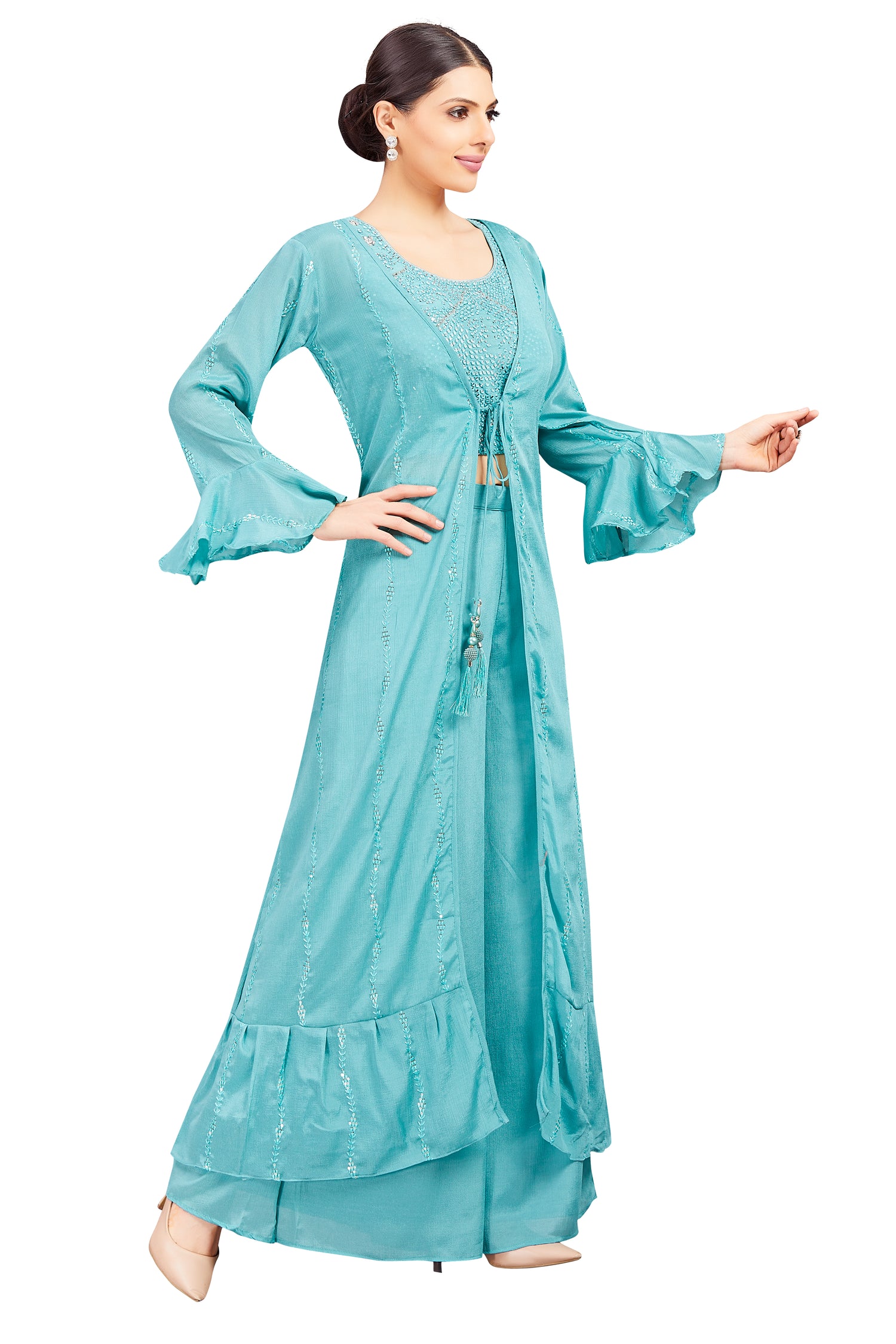 Sidra Crop Top Palazzo Suit With Jacket - Roop Darshan