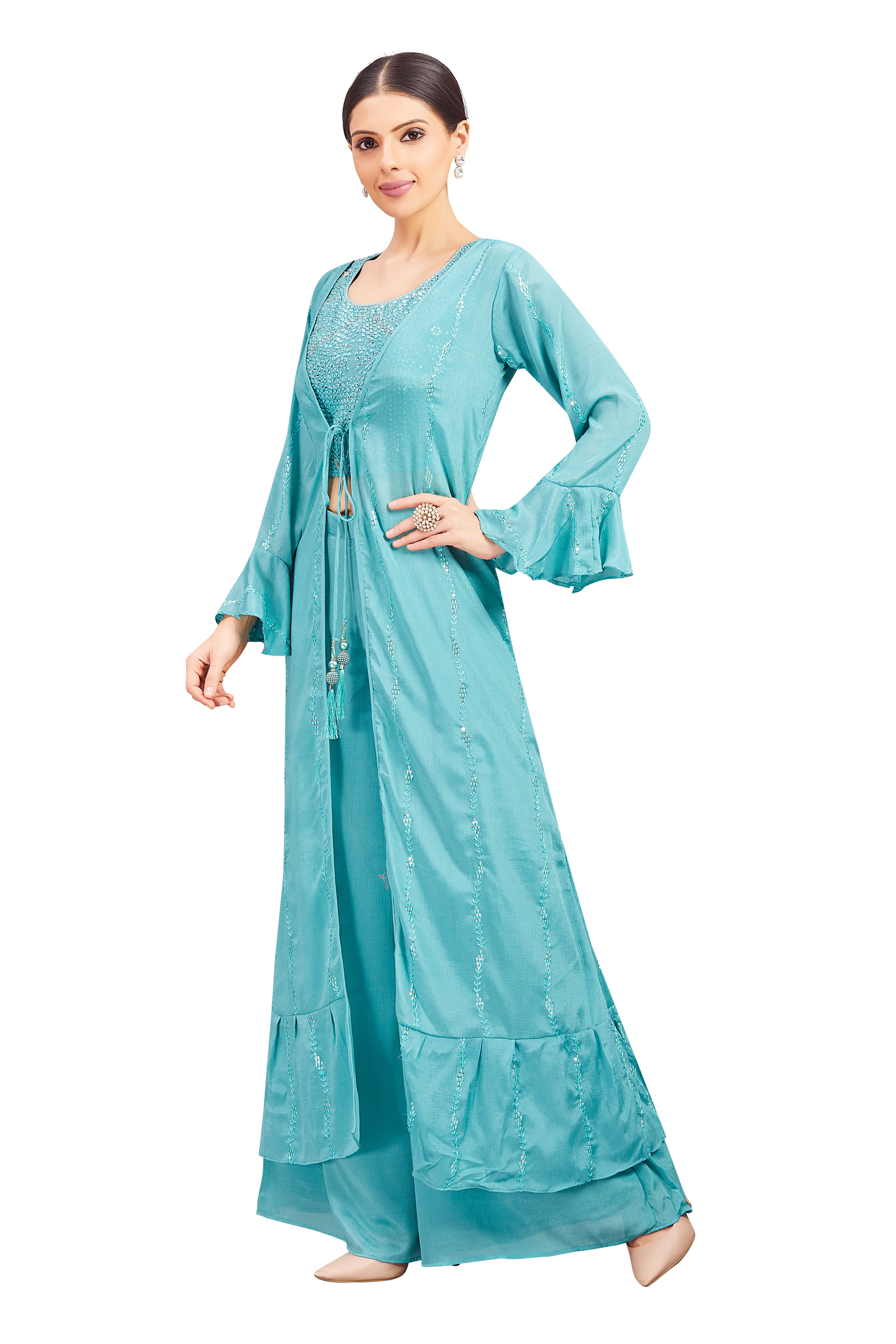 Sidra Crop Top Palazzo Suit With Jacket - Roop Darshan