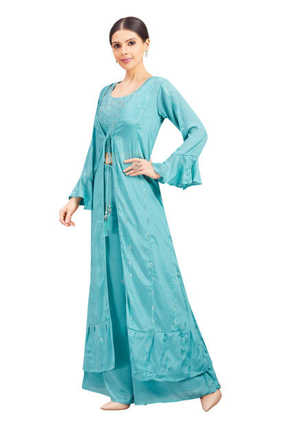 Sidra Crop Top Palazzo Suit With Jacket - Roop Darshan