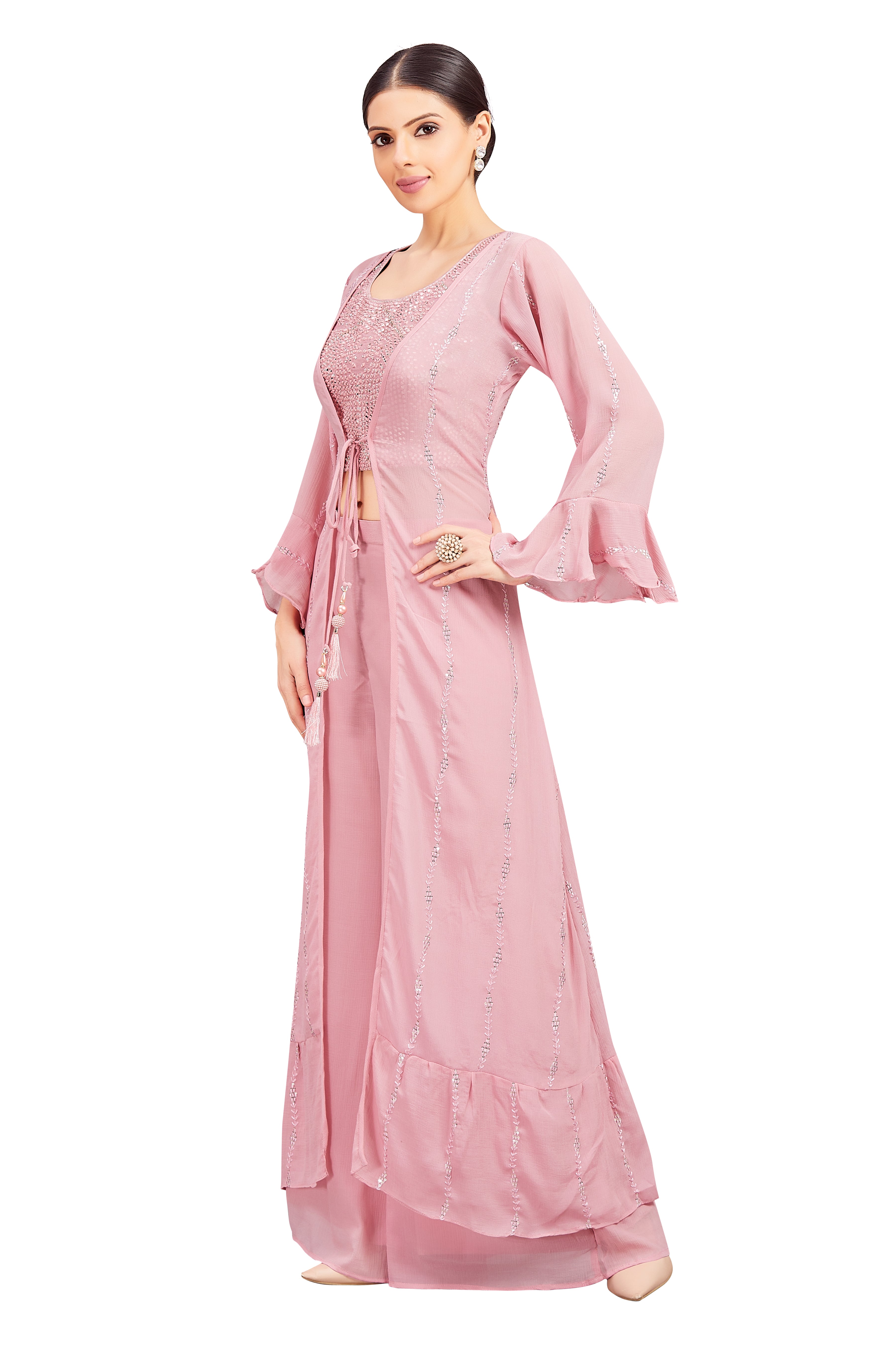 Sidra Crop Top Palazzo Suit With Jacket - Roop Darshan
