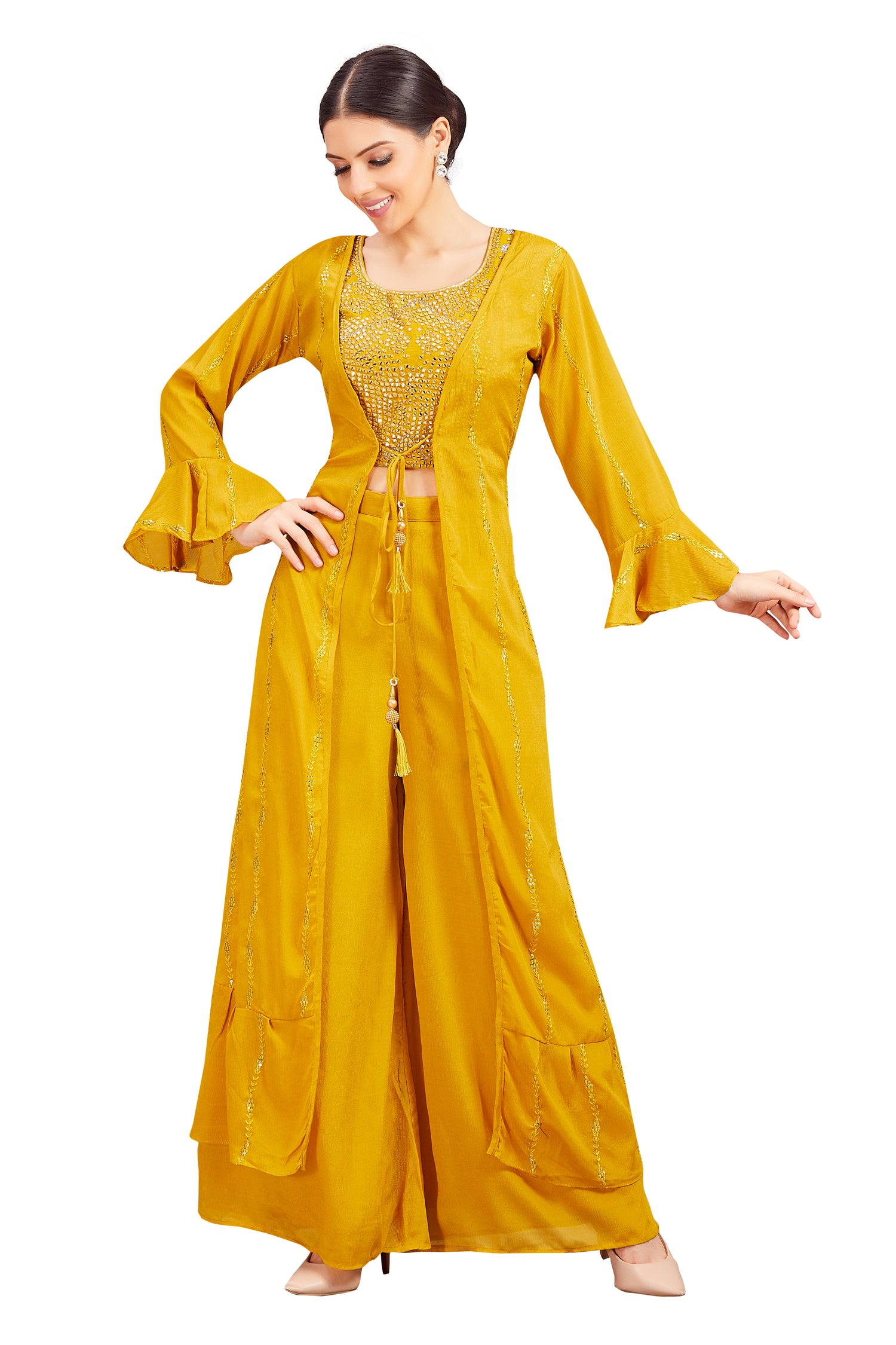 Sidra Crop Top Palazzo Suit With Jacket - Roop Darshan