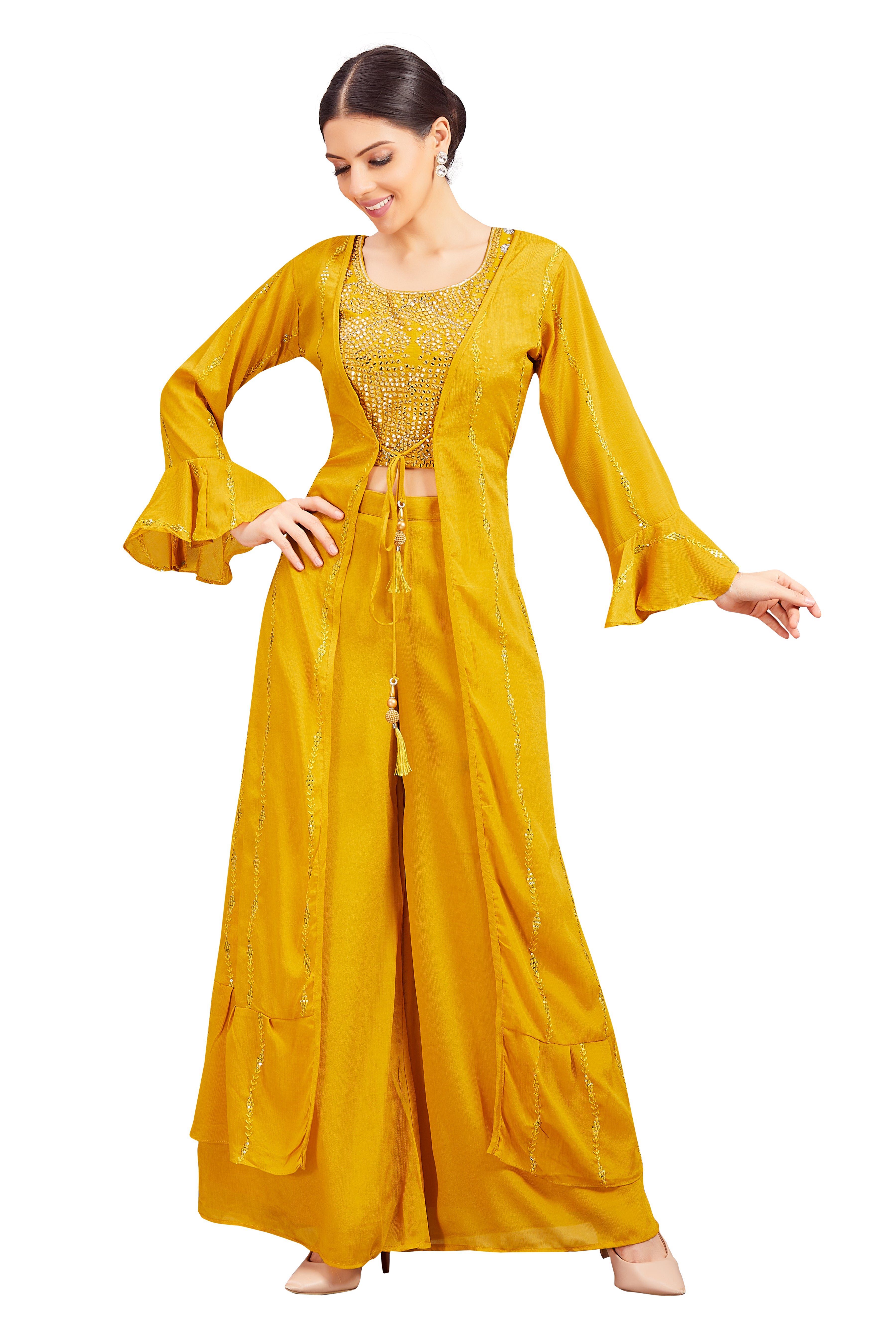 Sidra Crop Top Palazzo Suit With Jacket - Roop Darshan