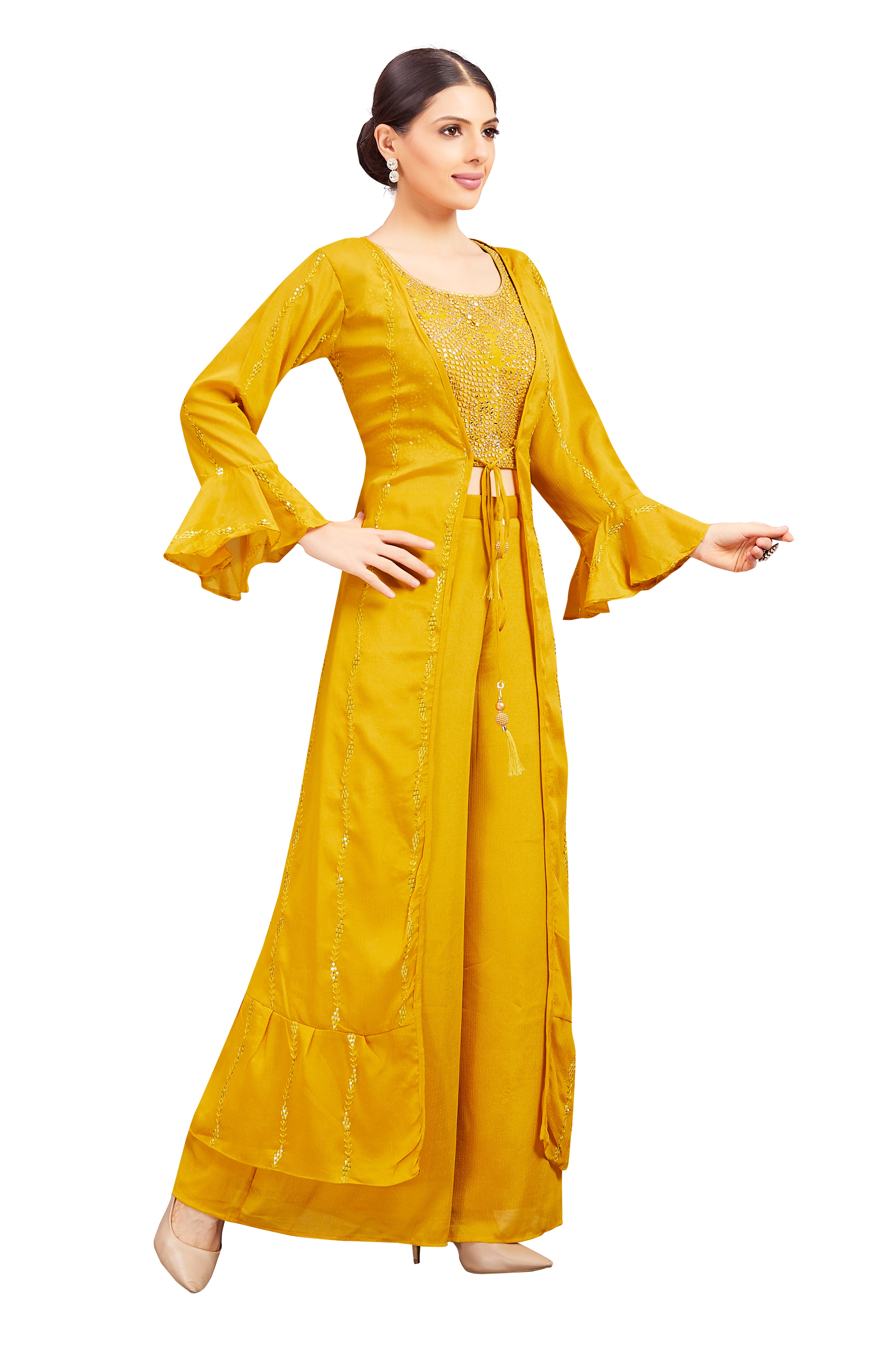 Sidra Crop Top Palazzo Suit With Jacket - Roop Darshan