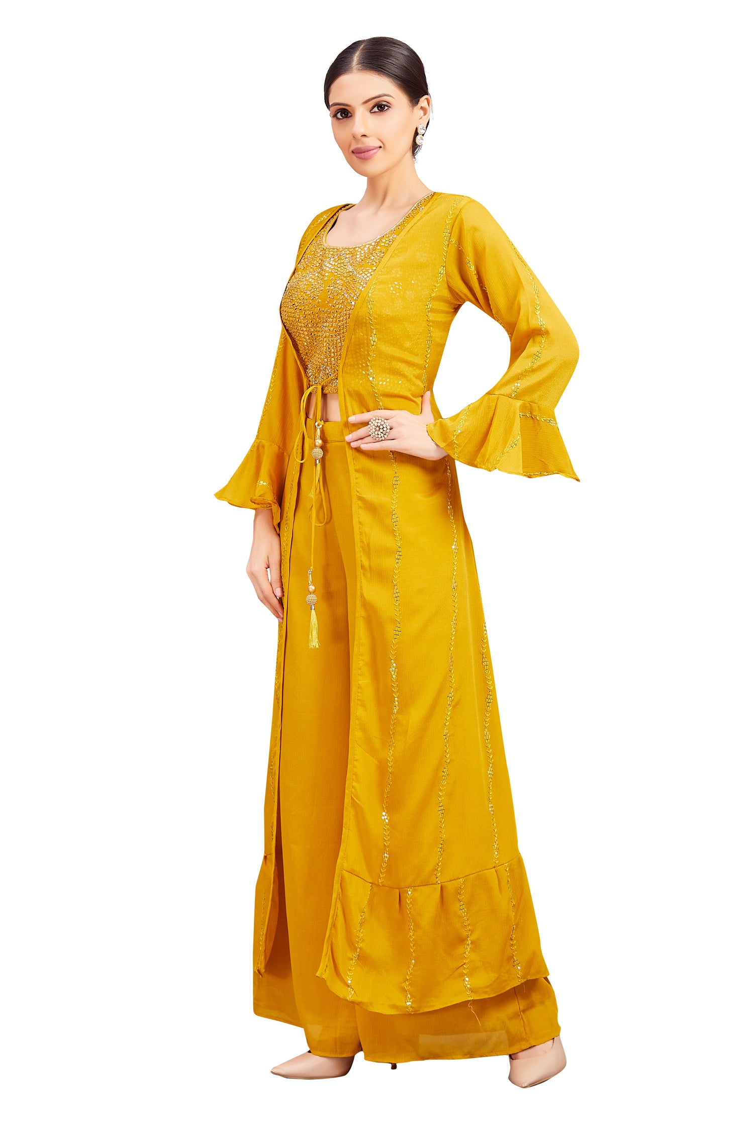 Sidra Crop Top Palazzo Suit With Jacket - Roop Darshan
