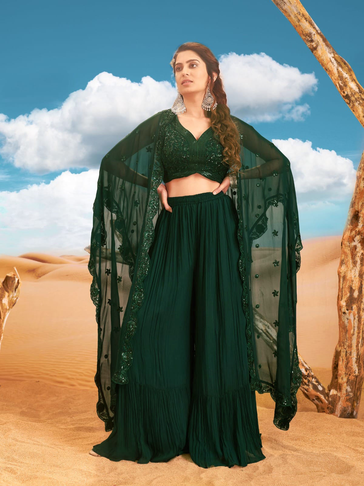 Bina Crop Top Palazzo Suit With Cape - Roop Darshan