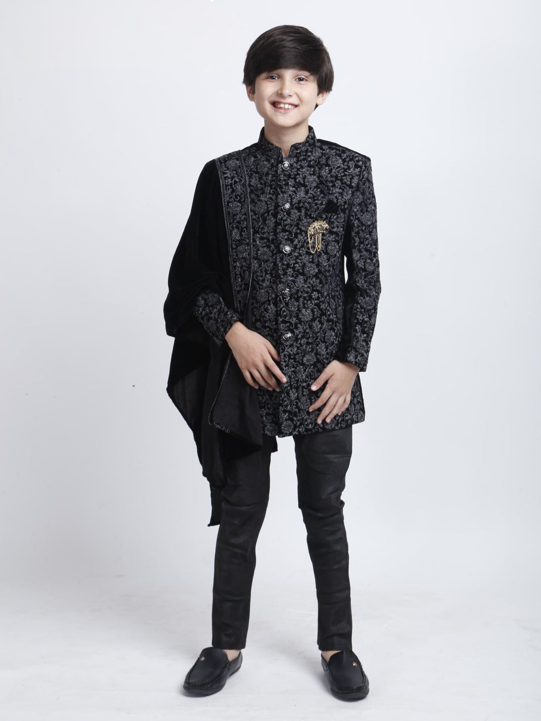 Boys Velvet Embroidered Indo-Western Suit