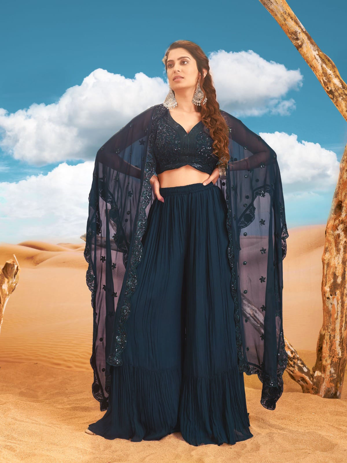 Bina Crop Top Palazzo Suit With Cape - Roop Darshan