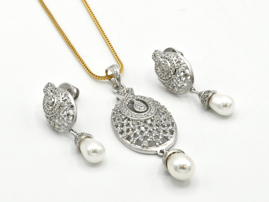 18ct Gold RHD CZ Pearl Pendant Earrings Set - Roop Darshan