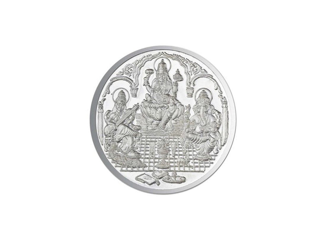 5 Grams Silver Laxmiji, Saraswati &amp; Ganesha Coin - Roop Darshan
