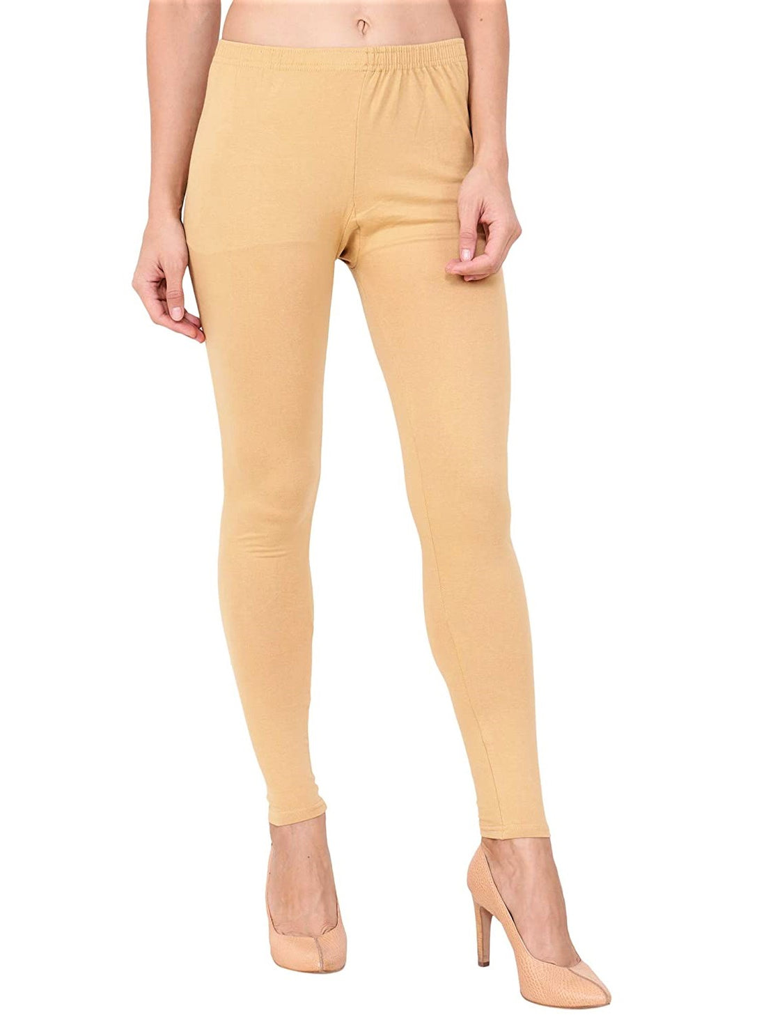 Cream Plain Cotton Lycra Leggings - Roop Darshan